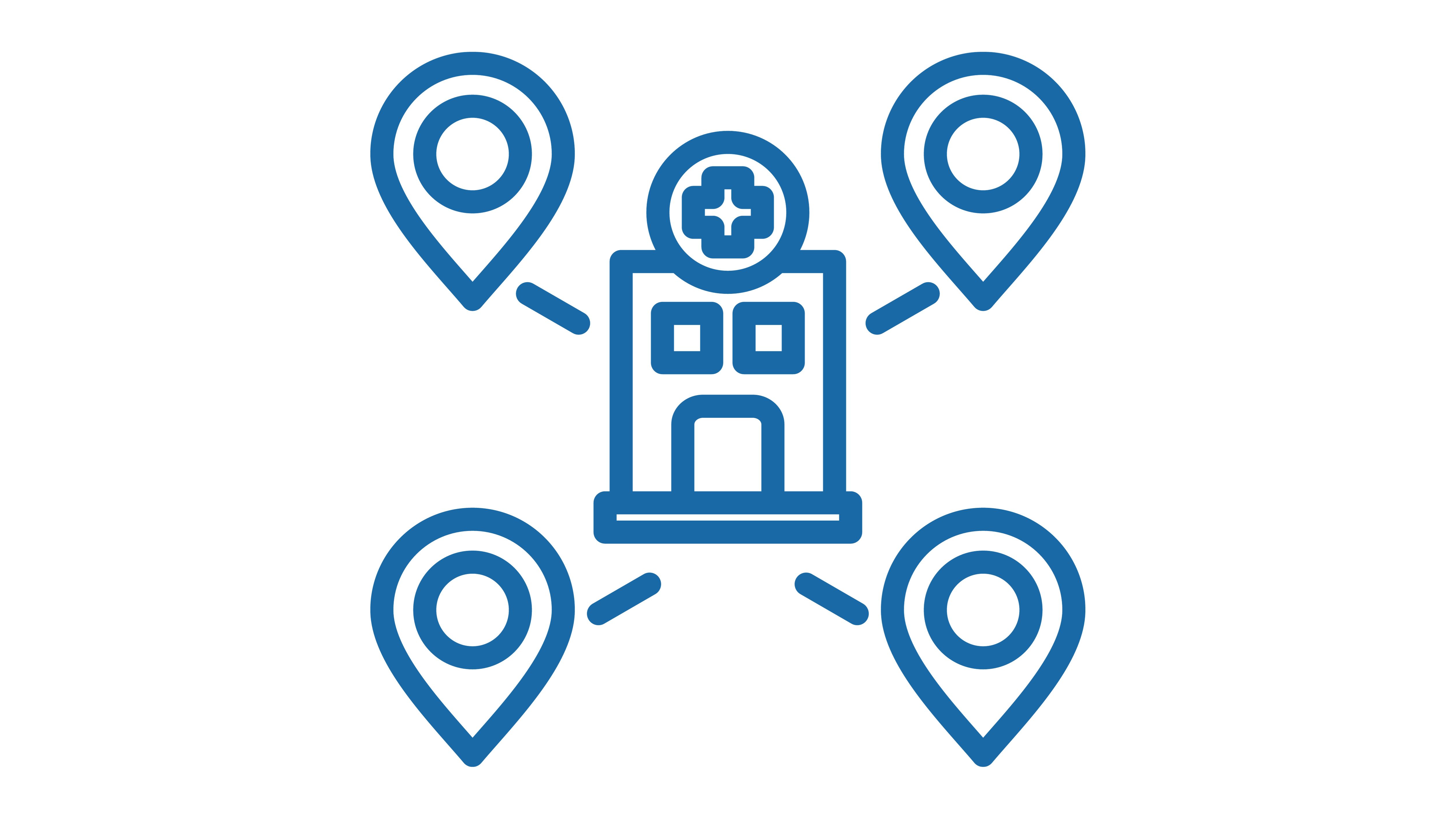 Imagen de recurso que ilustra un hospital conectado con otras cuatro ubicaciones.