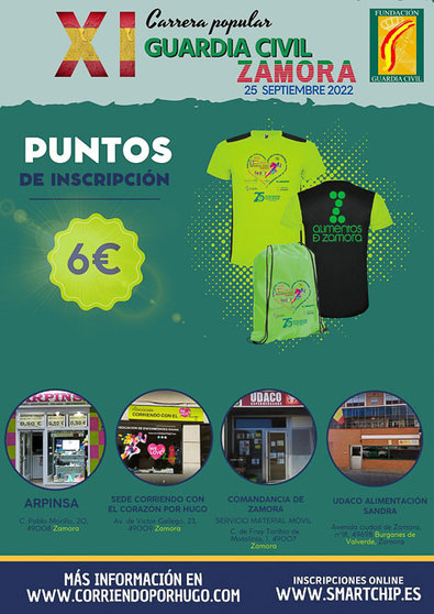 Cartel: sobre fondo verde, aparecen las camisetas oficiales de la carrera y los establecimientos en los que está abierta la inscripción para quien quiera participar: sede ARPINSA, sede Corriendo con el corazón por Hugo, Comandancia de Zamora y UDACO Alimentación Sandra