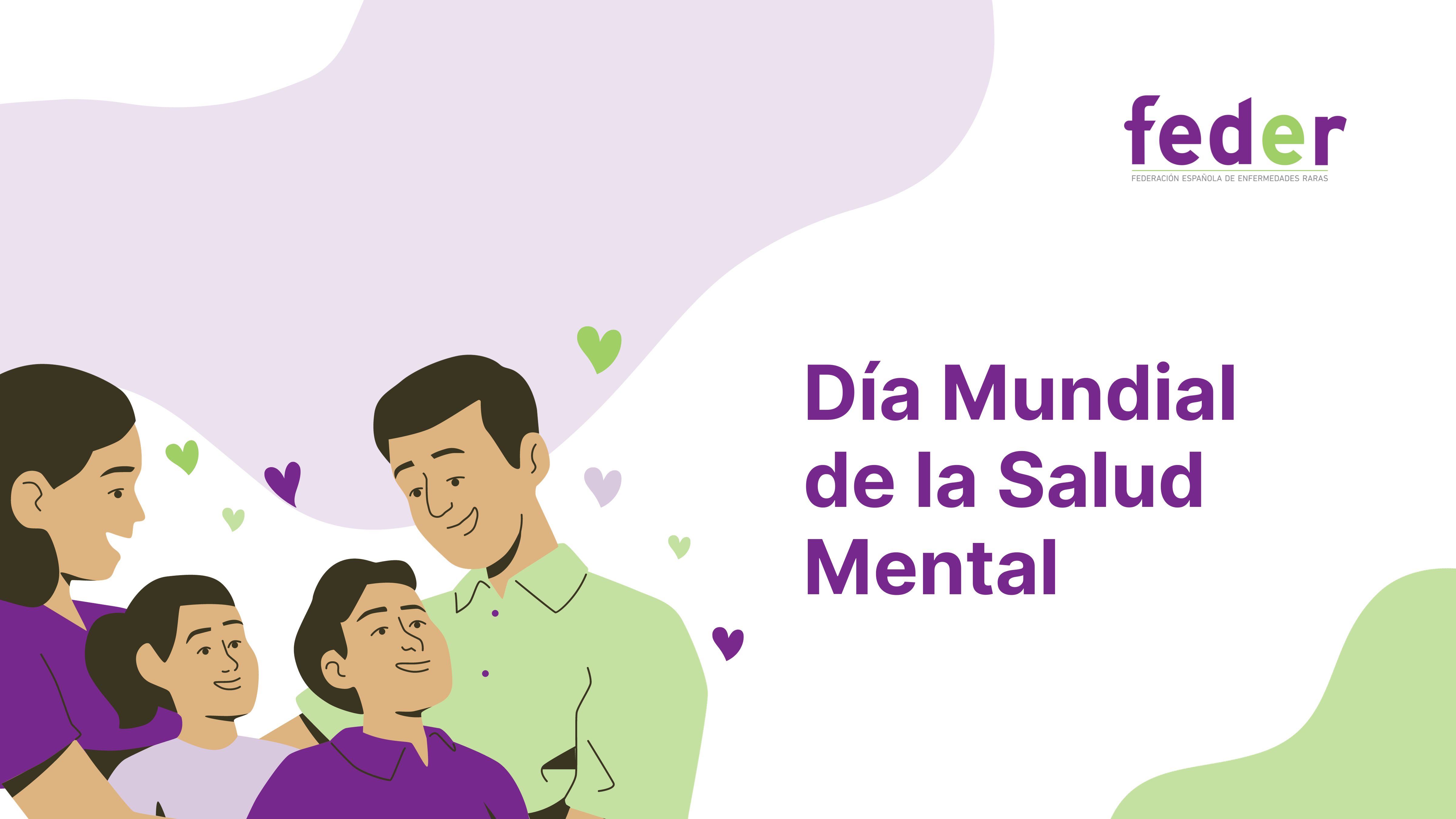 Ilustración en la que se ve a una familia con los colores de FEDER (verde, morado y gris) junto a la frase 'Día Mundial de la Salud Mental'.