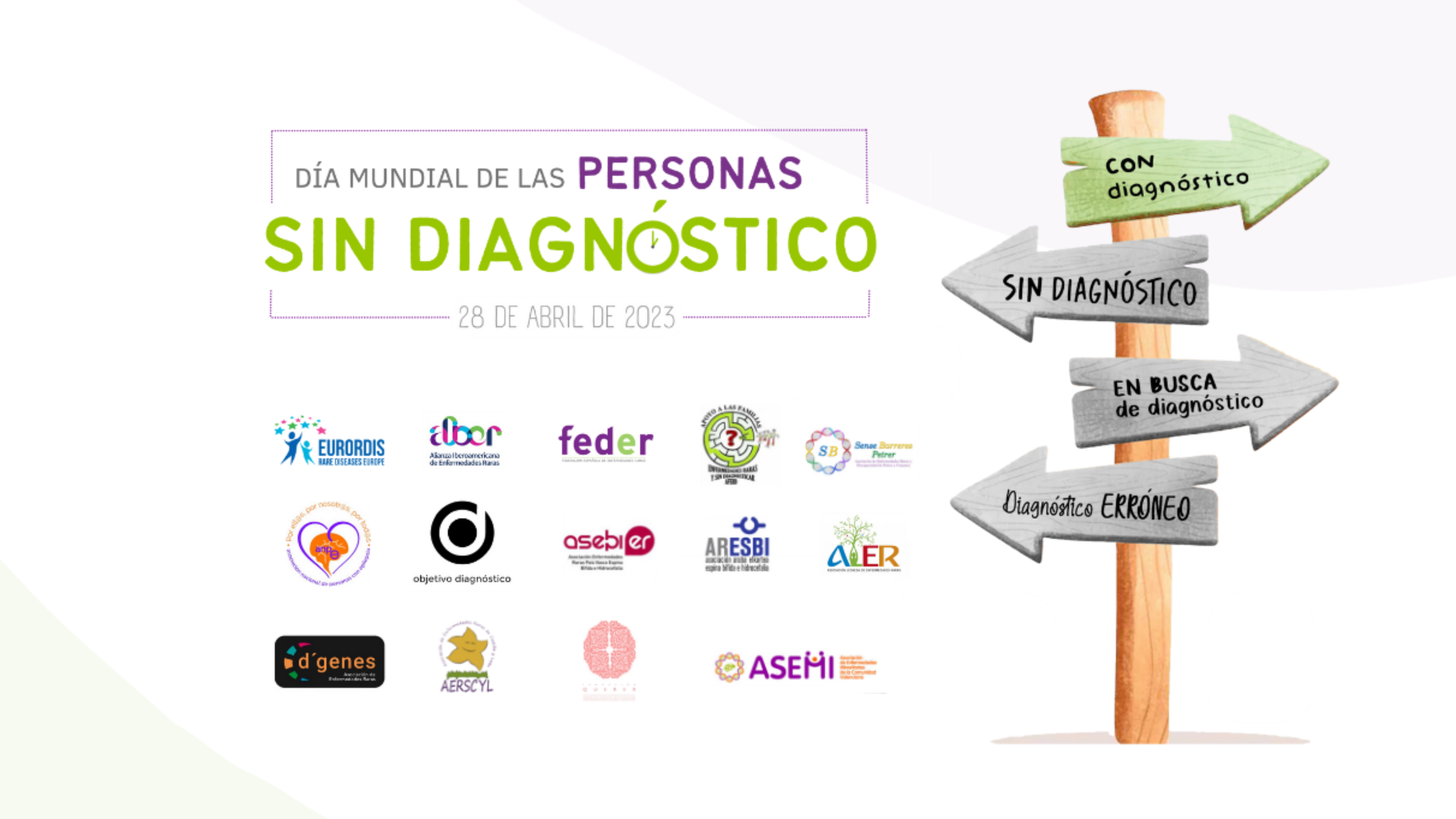 Cartel del Día Mundial de Personas Sin Diagnóstico (que aparece arriba del todo) en el que aparecen los logos de 13 entidades junto a un poste con diferentes direcciones: un en verde con destino al diagnóstico y el resto en grises con las frases: sin diagnóstico, en busca de diagnóstico, diagnóstico erróneo.