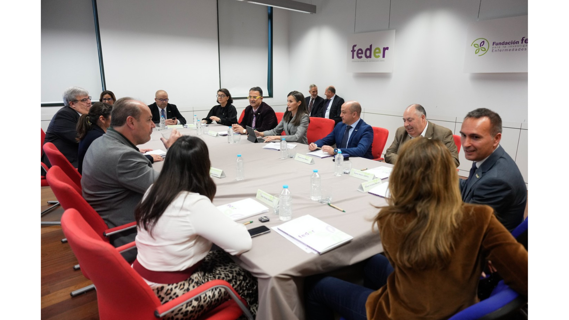 Fotografía de Su Majestad la Reina junto a Juan Carrión, presidente de FEDER y su Fundación, y los asistentes a la reunión de 2025 (© Casa de S.M. el Rey).