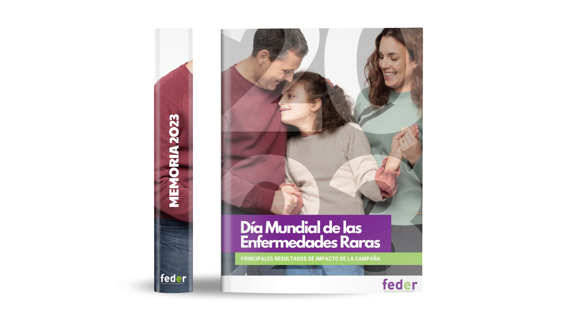 Portada de la memoria del Día Mundial de las Enfermedades Raras 2023: fotografía de Celia y su familia