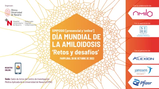 Imagen con fondo naranja en el que se presenta el simposio sobre los retos y desafíos de la amiloidosis