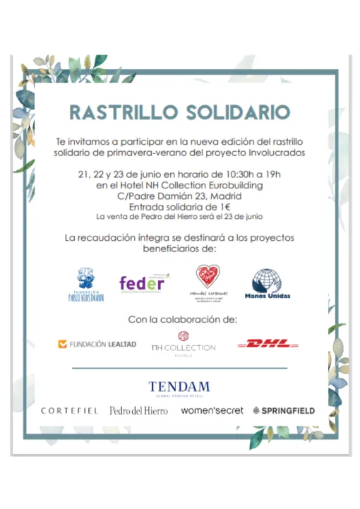 Cartel informativo del rastrillo solidario, que indica que se celebrará el 21 22 y 23 de junio y que la recaudación íntegra será destinada a cuatro proyectos solidarios