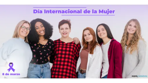 imagen de varias mujeres por el Día Mundial de la Mujer con el logo de supercuidadores 